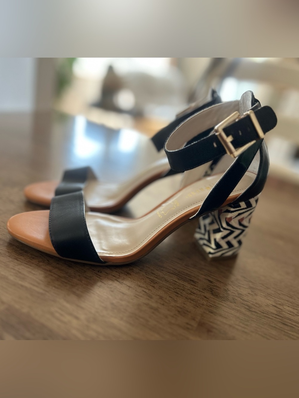 Capelli of New York Black Ankle-Strap Sandals with Geometric Block Heel